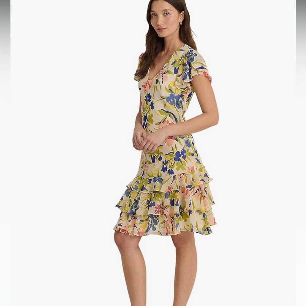 Ralph Lauren Floral Colorful Georgette Drop-Waist Dress Size 4 - Picture 13 of 14